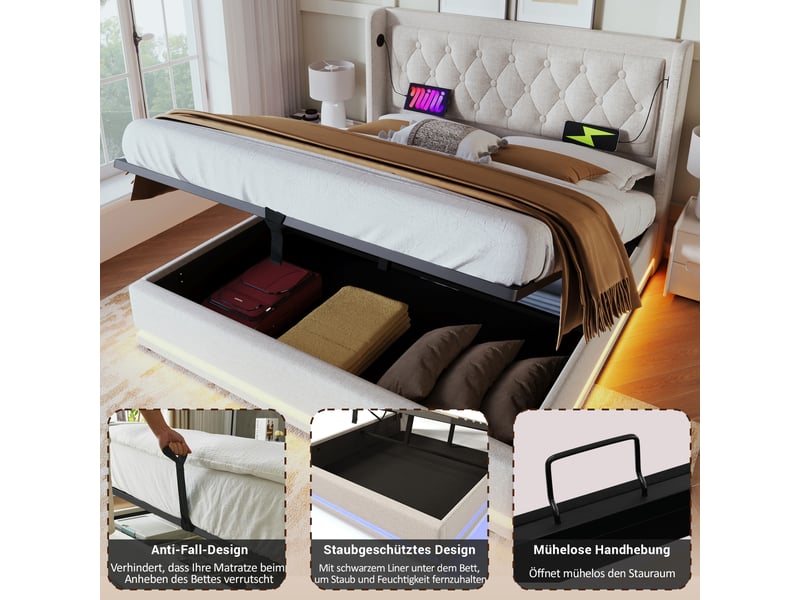  Lit coffre beige 160x200 avec led 3 côtés et ports usb  - Conforama C