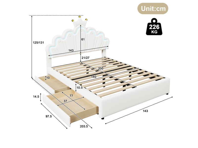 Lit enfant rembourré 140x200 cm avec tête de lit couronne réglable, led télécommandée, 2 tiroirs, pu blanc CozyNest - Conforama C