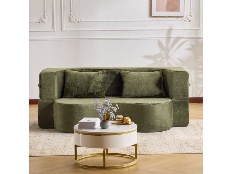 Canapé droit convertible 2 places vert olive en tissu, pliable avec 2 coussins, idéal pour salon ou chambre d'amis  - Conforama B