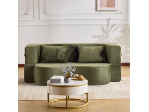 Canapé droit convertible 2 places vert olive en tissu, pliable avec 2 coussins, idéal pour salon ou chambre d'amis