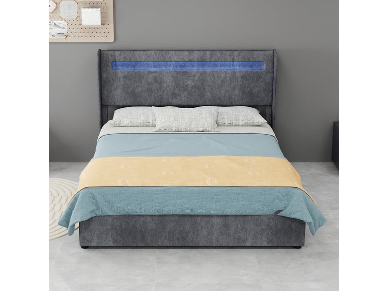  Lit rembourré 140 × 200 cm 2 places avec led réglable, tête de lit ajustable, sans matelas, tissu gris  - Conforama C