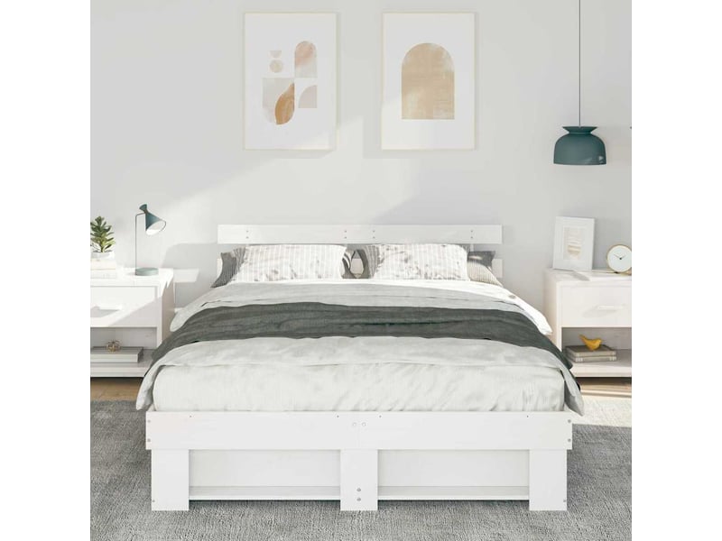 Lit double- lit adulte - cadre de lit avec tête de lit blanc 150 x 200 cm pin massif - Conforama B
