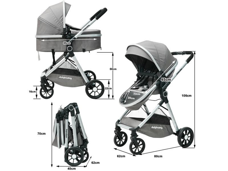  Poussette 2 en 1 80x62x103 cm réversible gris antique  - Conforama D
