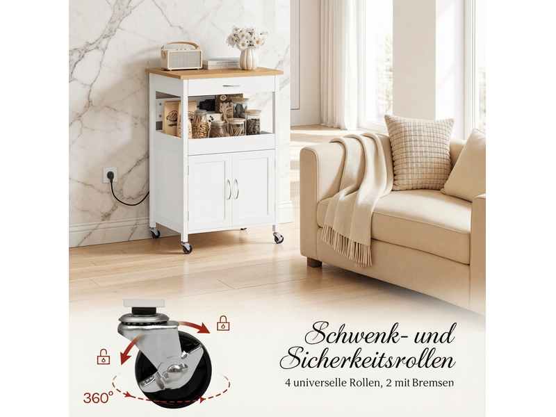 Desserte de cuisine avec 1 tiroir, étagère, meuble 2 portes, prises et roulettes, blanc effet bambou 60 × 45 × 92 cm - Conforama E