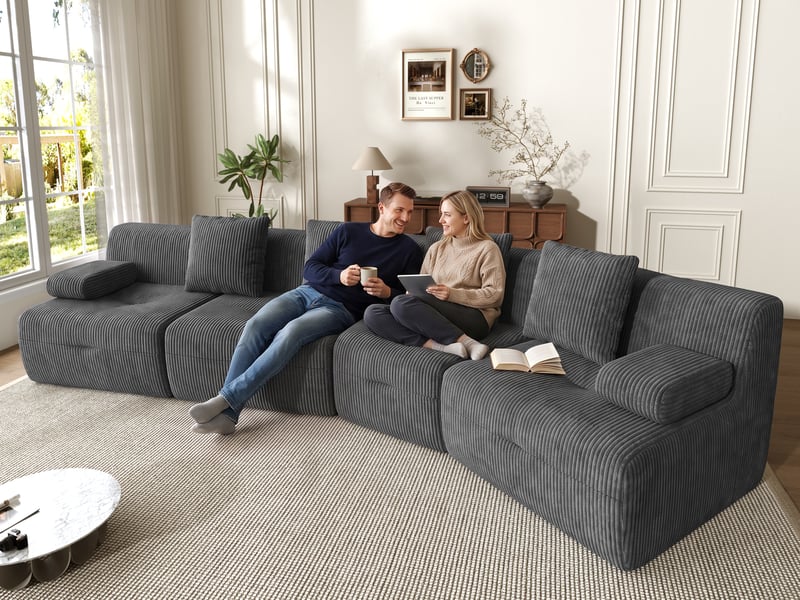  Canapé modulaire 4 places, modules combinables, sans montage, haute résilience, charge 400 kg, 65x90x311cm, velours côtelé, gris  - Conforama B