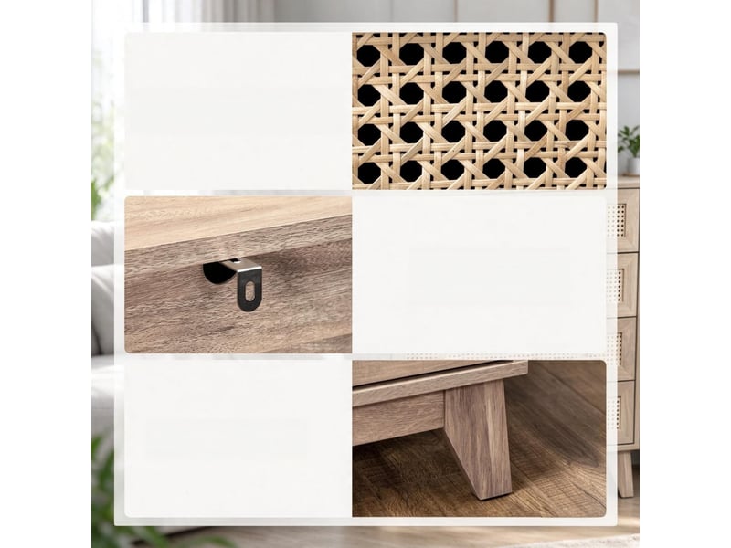  Commode à 4 tiroirs, 80 x 35 x 95 cm, façades en cannage de rotin et pieds surélevés, naturel, effet bois clair  - Conforama E