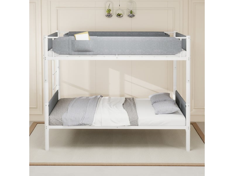  Lit superposé blanc 90x190 cm en métal et lin, convertible en deux lits séparés avec garde-corps amovibles  - Conforama D