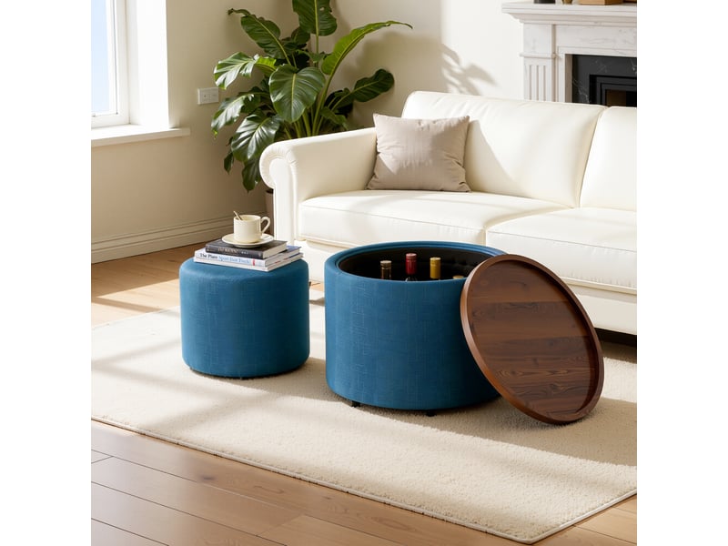 Ball & cast - ensemble de 2 tabourets gigognes avec rangement, repose-pieds recouvert de lin et étagère en bois, table basse ronde et banc de 58 cm, DE-DGZY-027-BU - Conforama B