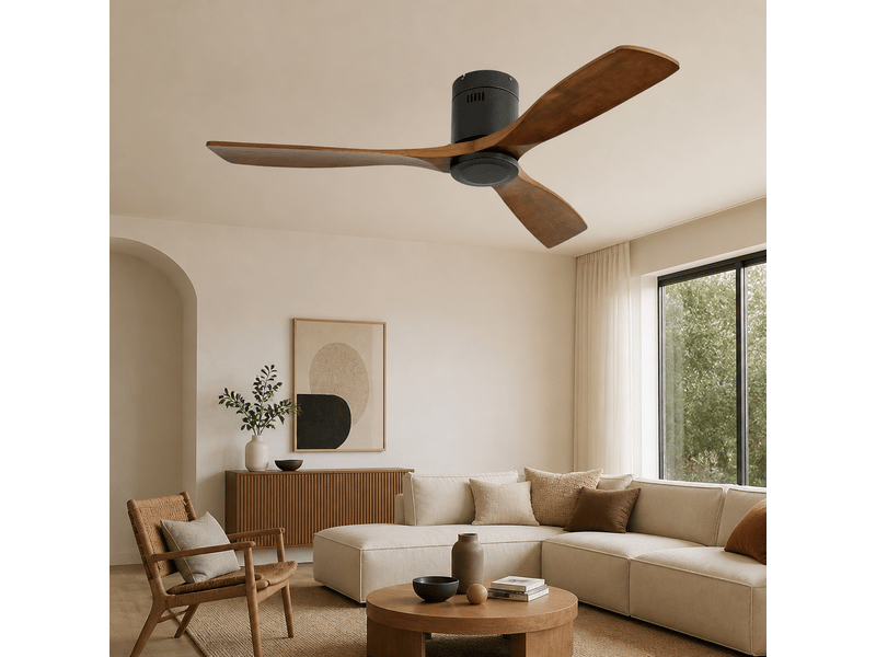 Ventilateur de plafond plat 52 pouces dc avec 3 pales en bois travaillées moteur réversible silencieux télécommande sans éclairage - Conforama B