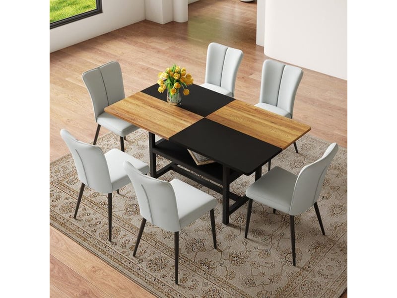  Ensemble de table à manger - 160 cm - 6 chaises - rangement intégré - marron et noir - gris clair  - Conforama B