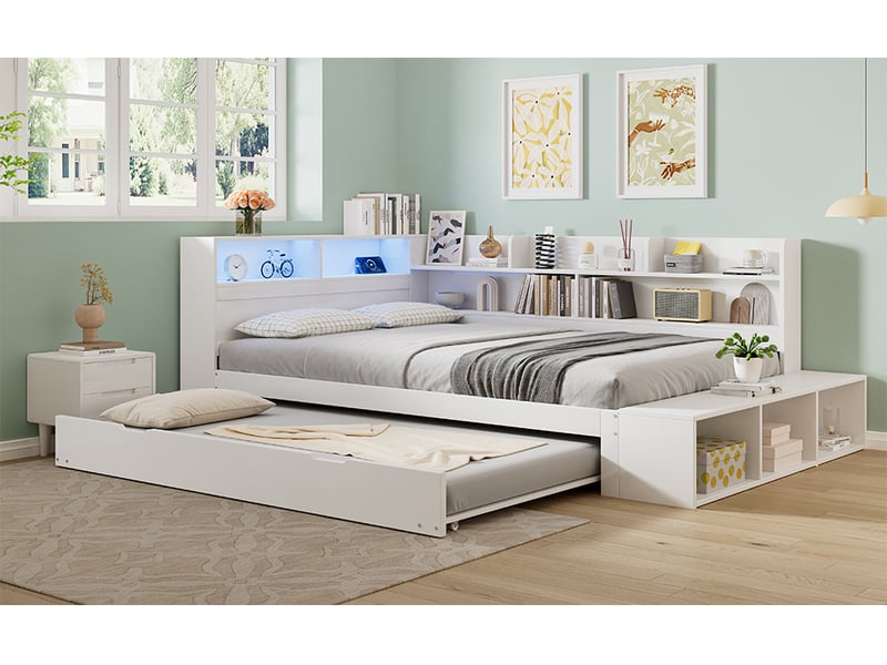  Lit 120 × 200 cm, lit gigogne 90 × 190 cm, rangements, banc intégré, led, port de recharge, pin et panneaux, blanc  - Conforama B