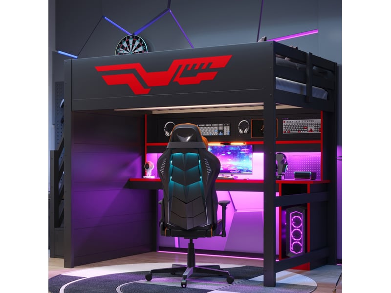  Lit mezzanine gaming 140 x 200 cm avec bureau, rangements, led et usb noir + rouge  - Conforama C