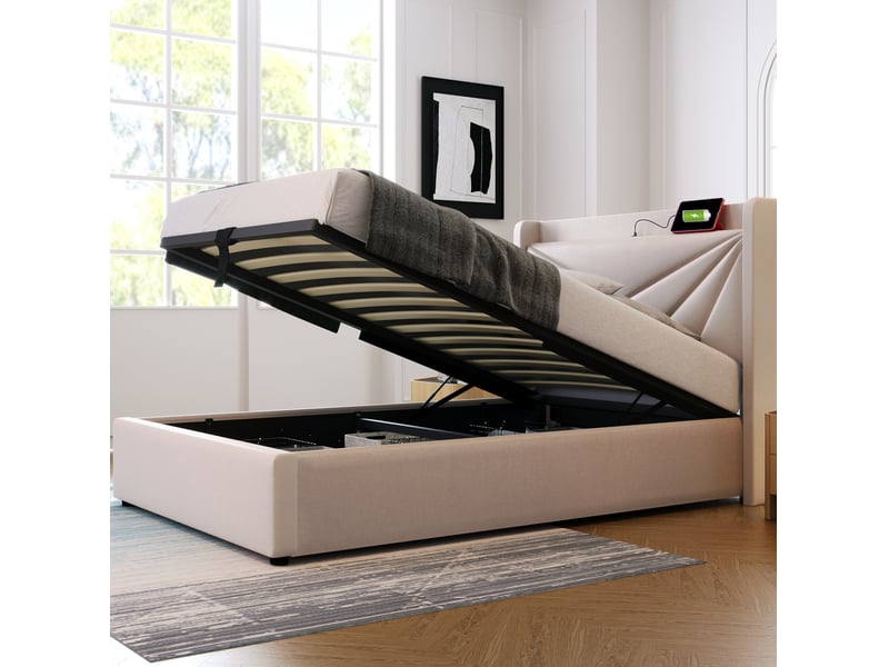  Lit coffre 90x200 cm avec tête de lit usb type-c, sommier à lattes, rangement, beige, avec matelas  - Conforama D