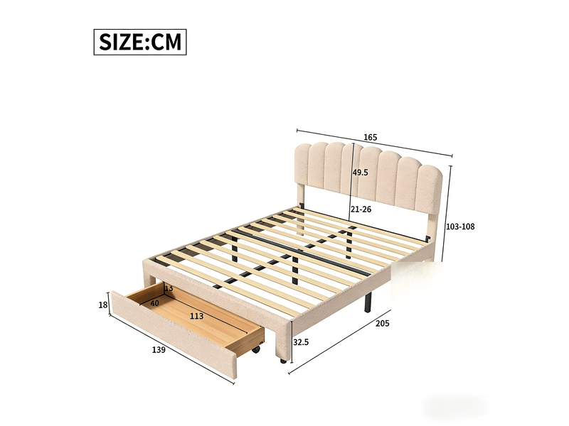  Lit 2 places 160 x 200 cm,beige - avec tiroirs, tête de lit ondulée et port usb  - Conforama C