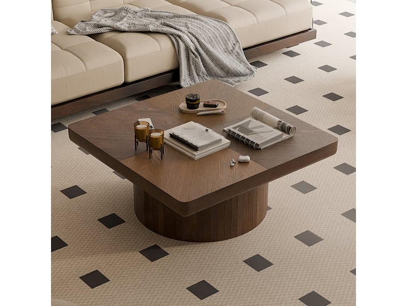  Table basse carrée 78 cm, plateau épais 8 cm, base cylindrique, placage bois, couleur marron  - Conforama D