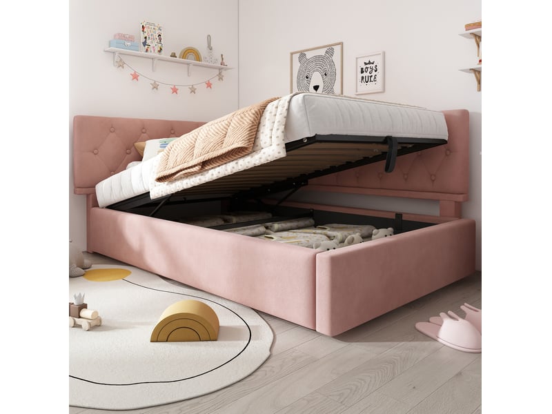  Modenvie lit banquette coffre 90x200 cm - rangement hydraulique, sommier à lattes inclus, sans matelas - rose  - Conforama E