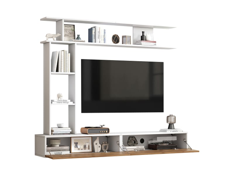 Meuble tv muraux 180 cm avec vitrines, une étagère sur pied et une étagère murale, blanc et bois - Conforama E