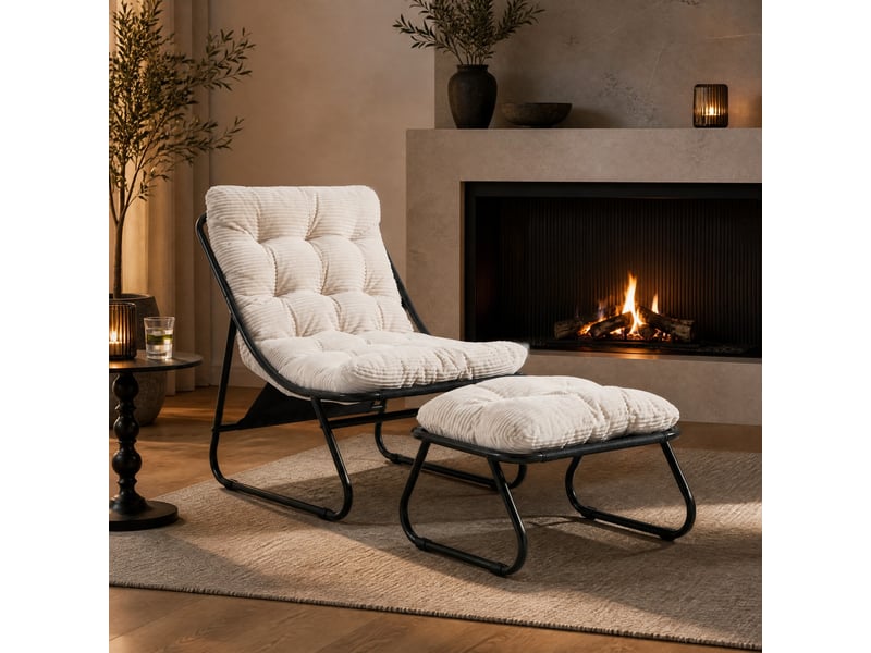 Fauteuil de détente extérieur avec repose-pieds, coussins blancs et structure acier noire, pour intérieur et terrasse  - Conforama B