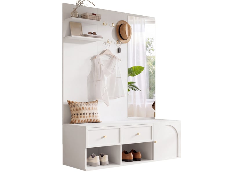  Meubles d'entrée avec miroir, 5 crochets, 2 tiroirs, placard, niches et banc bas pour hall blanc 120 × 35 × 159 cm  - Conforama A