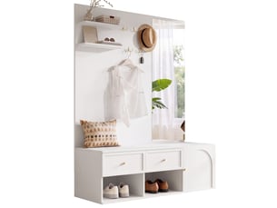 Meubles d'entrée avec miroir, 5 crochets, 2 tiroirs, placard, niches et banc bas pour hall blanc 120 × 35 × 159 cm