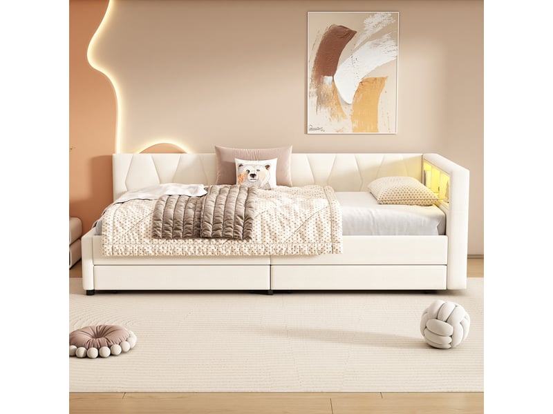  Lit banquette 90x200 canapé lit en lin beige avec tiroirs et éclairage led  - Conforama B