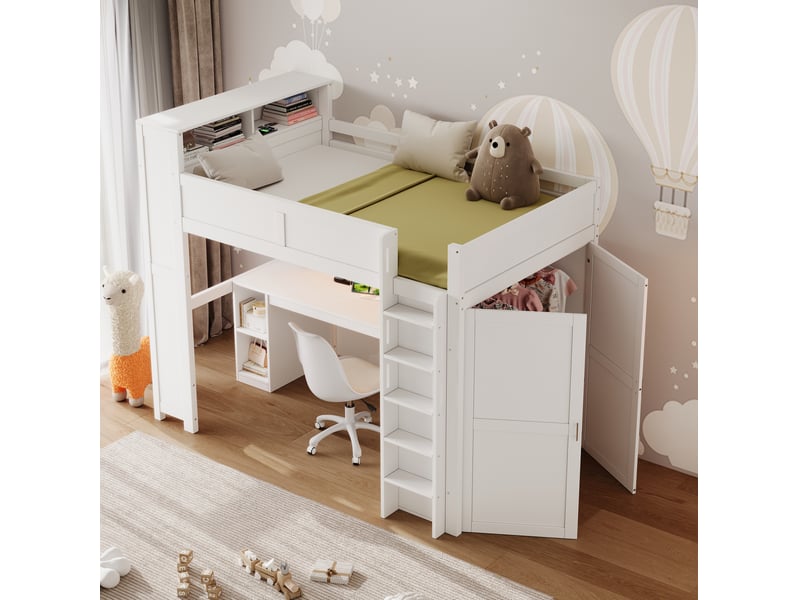 Lit mezzanine 90x200 avec bureau, rangements, armoire, port usb et éclairage led, mdf pin contreplaqué, blanc sans matelas  - Conforama D