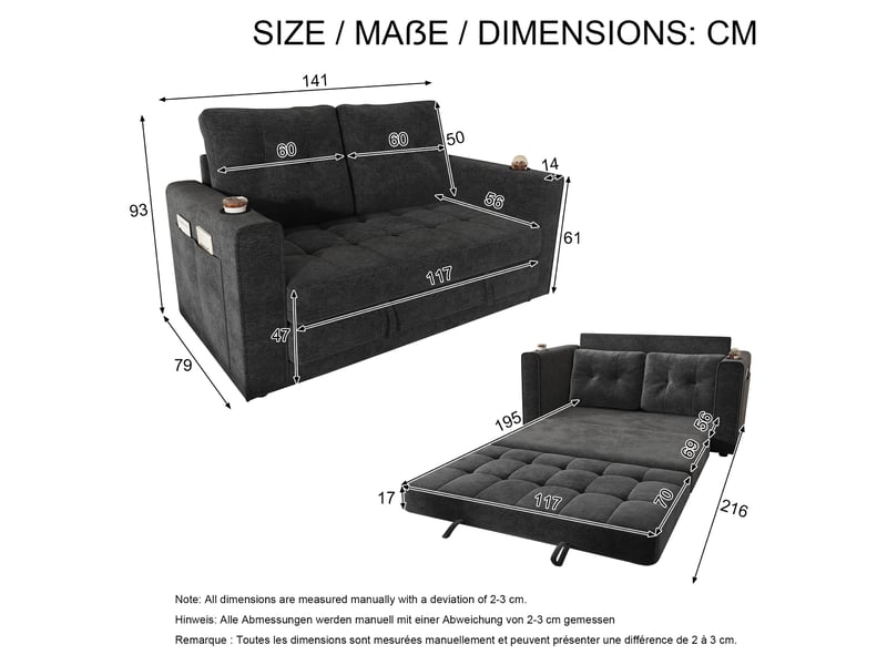  Canapé convertible 2 places 141x79x93 cm - canapé-lit extensible - dossier amovible et porte-gobelets - chenille - gris CozyNest - Conforama C