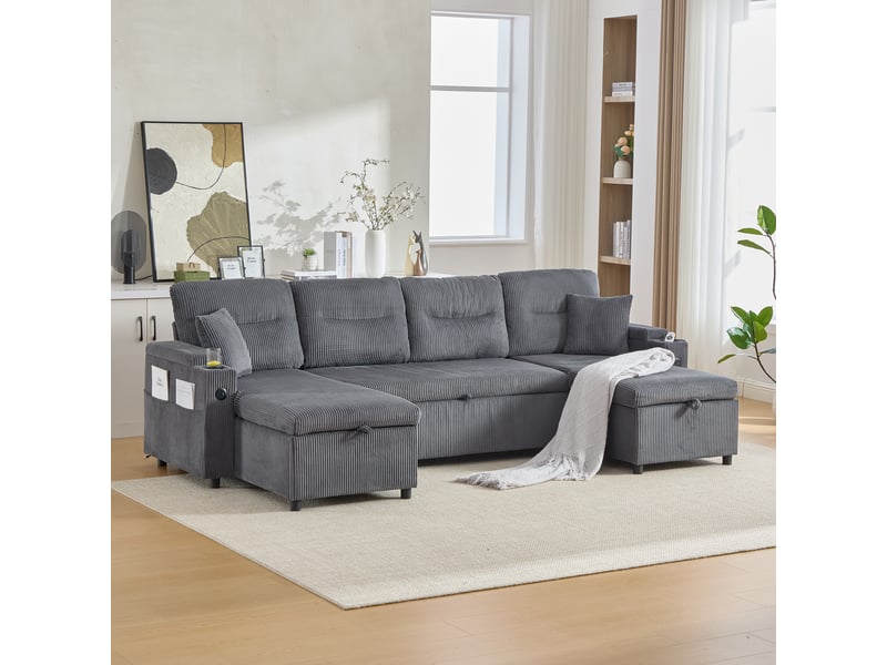 Canapé panoramique convertible en lit 272 cm, 4 places avec double méridienne, rangements, porte-gobelets, usbtype-c, velours côtelé, gris anthracite - Conforama E