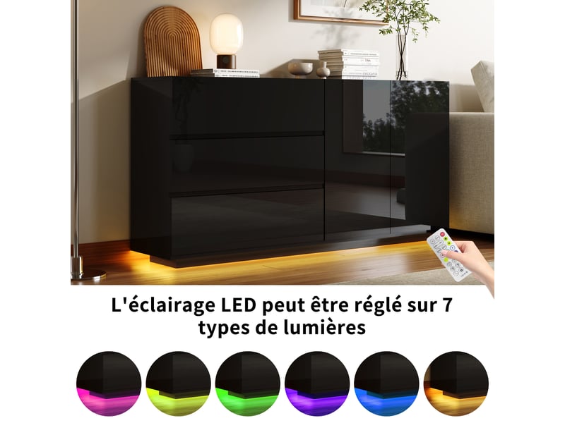 Kefsr buffet noir brillant avec led - meuble tv & bahut moderne 2 portes 3 tiroirs, sans poignée, design laqué pour salon, salle à manger et entrée (160x35x71cm) - Conforama D