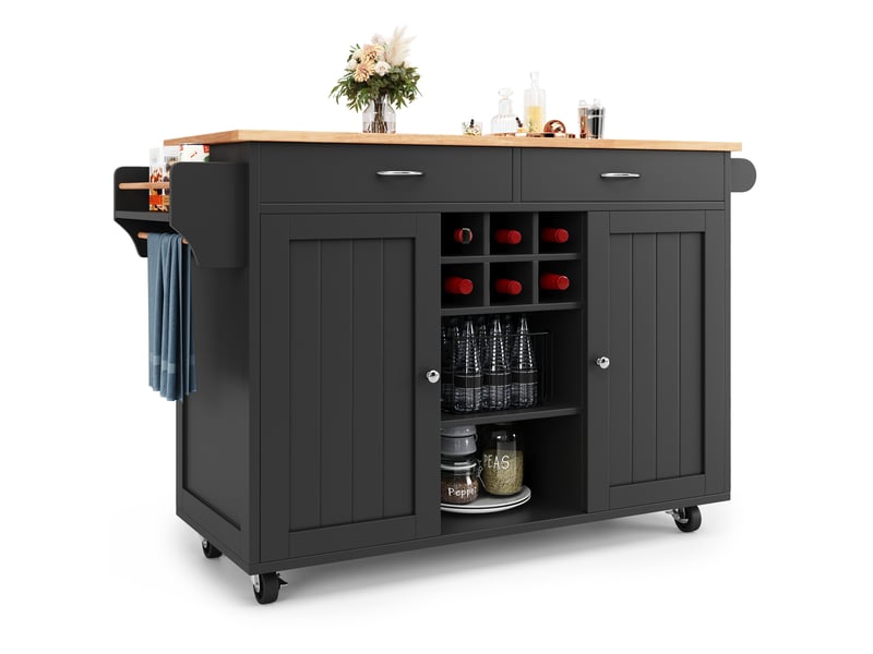 Desserte 102x45x92 cm, îlot de cuisine, roulettes à 360°, 2 tiroirs et 2 portes, pour cuisine, en mdf, noir et bois - Conforama A