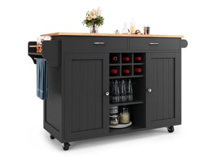 Desserte 102x45x92 cm, îlot de cuisine, roulettes à 360°, 2 tiroirs et 2 portes, pour cuisine, en mdf, noir et bois