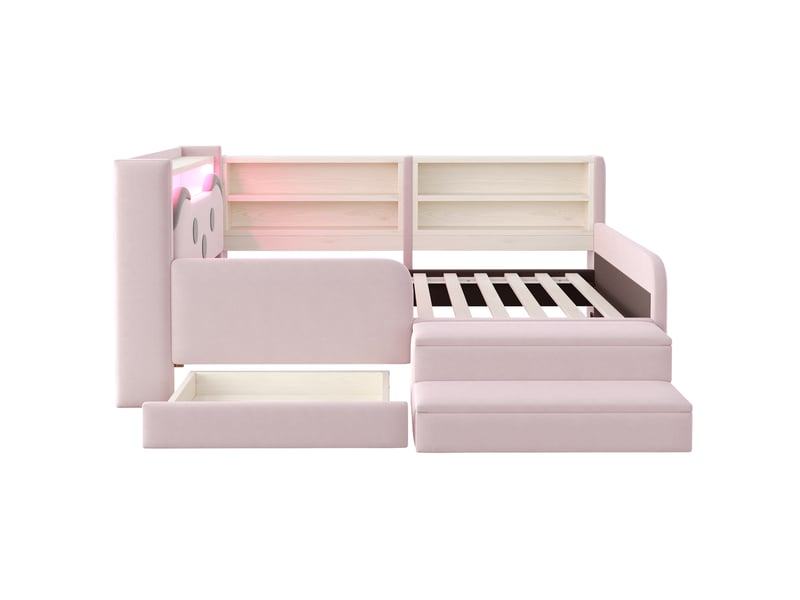  Lit enfant 90x200 cm avec rangements, éclairage led et prises usb, rose, sans matelas  - Conforama E