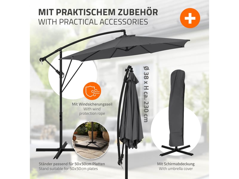 Ml-design parasol déporté ø 300 cm anthracite en aluminium avec manivelle protection uv50+ tissu imperméable modèle inclinable et pivotant 360° meuble pour jardin terrasse housse et support inclus  - Conforama D