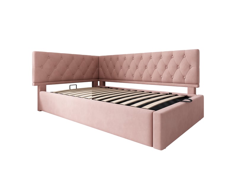  Lit banquette coffre rose 90x200 cm en velours, relevage hydraulique, dossier en l capitonné à boutons et réversible  - Conforama A