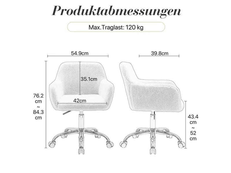  Chaise de bureau - 54.9x39.8x84.3cm - pivotante en tissu bouclé, hauteur réglable, fauteuil pied métal doré - rose  - Conforama E