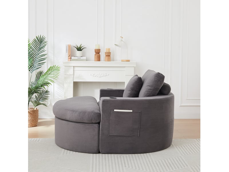  Fauteuil avec pouf 1 place, repose-pieds amovible, porte-gobelets et poches latérales en velours côtelé gris  - Conforama D