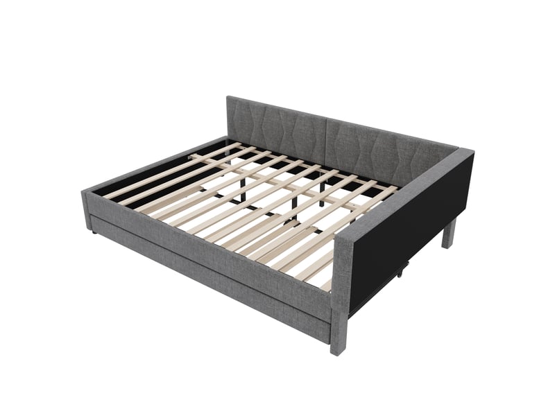  Lit gigogne 140x200 cm multifonction avec rangements, ports usb et type-c et led, lin et mdf, gris, sans matelas  - Conforama D