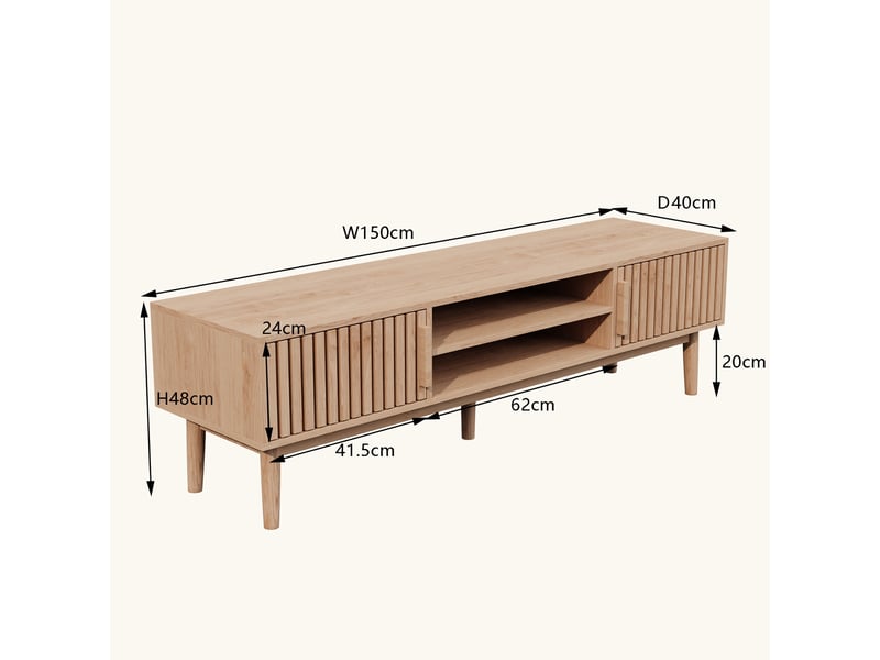 Meuble tv 150 cm, avec cloisons ouvertes et 2 portes de rangementen, scandinave, 5 pieds en bois massif, bois clair - Conforama E