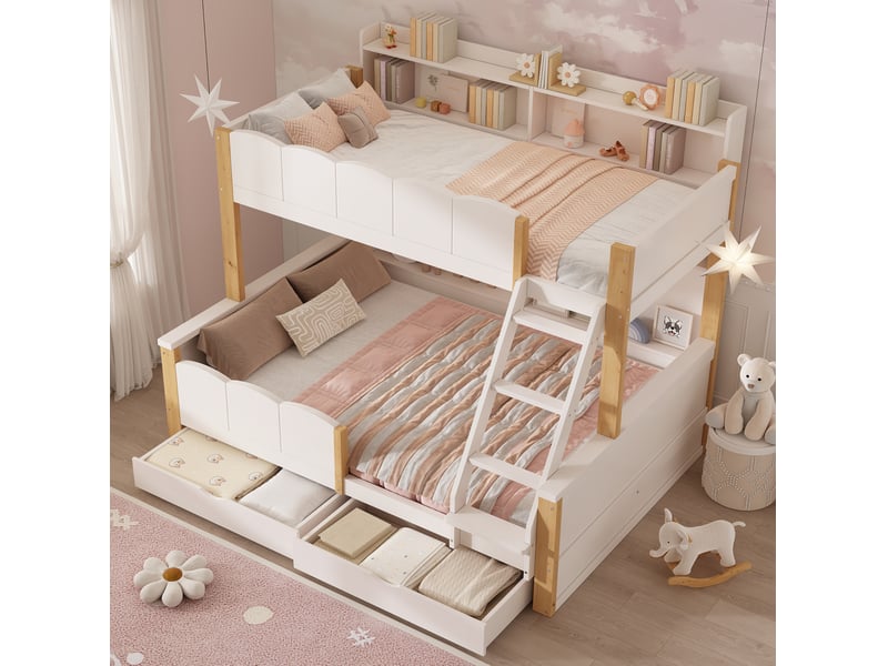 Lit superposé 90 × 200 cm et 140 × 200 cm 3 places, 2 tiroirs, étagères, sans matelas, blanc et chêne - Conforama B