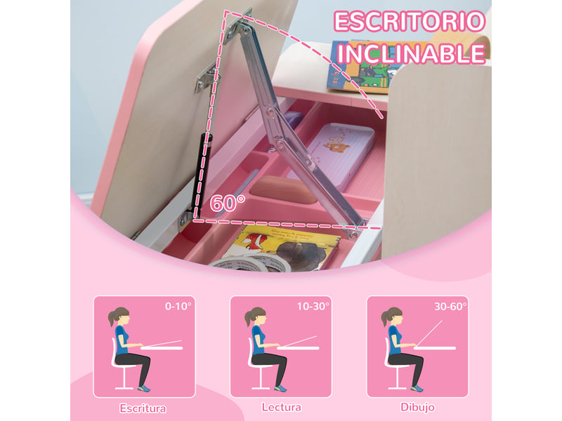  Bureau chaise enfant dès 3 ans, table hauteurinclinaison réglable, 80x52x88-109cm &amp; 35,5x44,5x66-80cm, rose.  - Conforama E