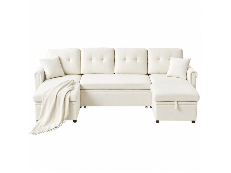 Canapé d’angle u convertible beige en chenille, fonction lit, coffre de rangement - Conforama A