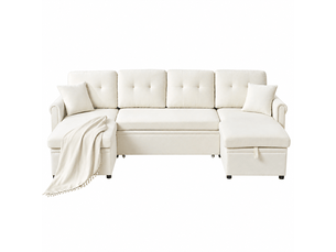 Canapé d’angle u convertible beige en chenille, fonction lit, coffre de rangement