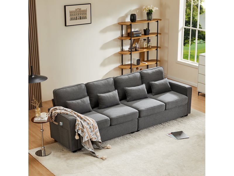  Canapé 4 places 264x83x87 cm avec poches d’accoudoirs gris foncé  - Conforama B