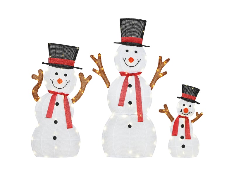  Famille de bonhommes de neige de noël en 3 pièces, décoration extérieure, lumières led, piquets de fixation, étanche, acier, polyester, blanc  - Conforama A