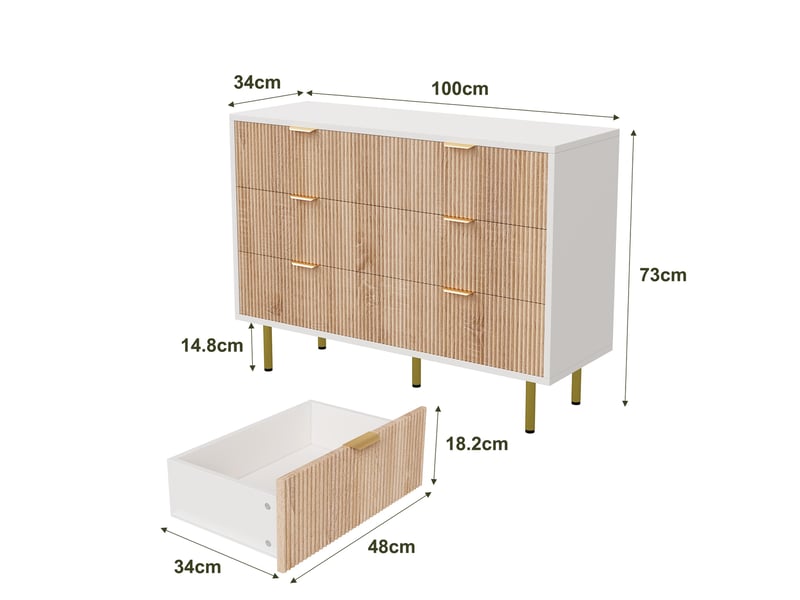  Commode 6 tiroirs, commode 100 cm, commode chambre, design strié bois et blanc, pieds dorés, meuble de rangement, chêne clair  - Conforama E