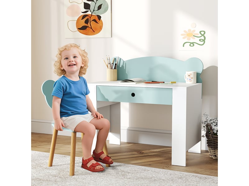  Ensemble bureau enfant avec tiroir et chaise à dossier ours en peluche, 3-8 ans, vert  - Conforama B