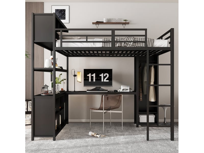  Lit mezzanine 140x200 cm avec bureau, rangements et armoire, métal et panneau de particules, noir sans matelas  - Conforama C