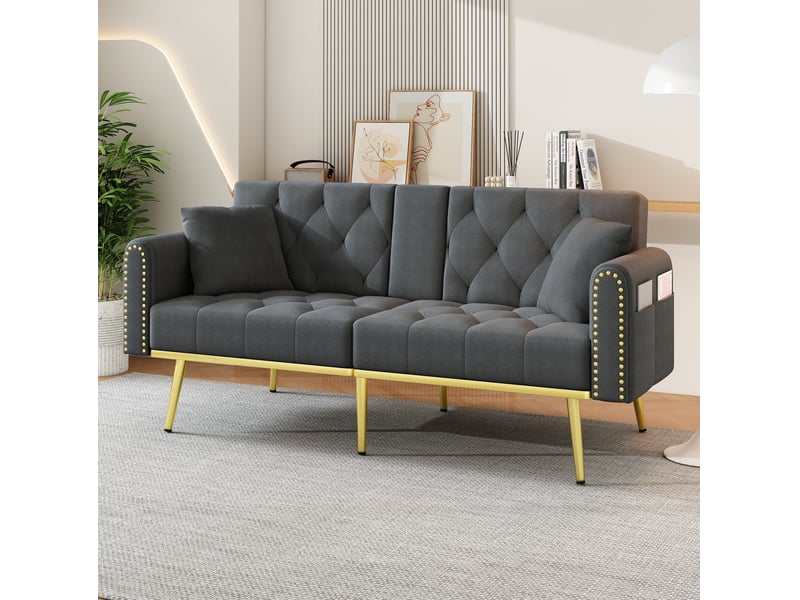  Canapé-lit 2 places 175x80x73,5cm dossier 3 positions 108°-135°-180° porte-gobelet pieds dorés velours gris  - Conforama W