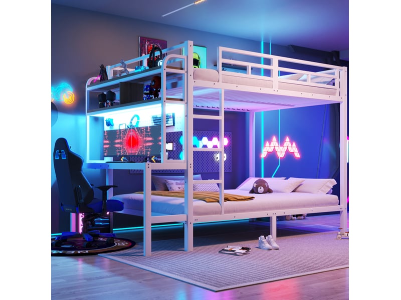  Lit superposé 140x200 avec bureau, led et usb blanc cravdom  - Conforama B