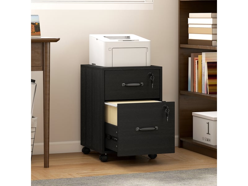  Caisson bureau mobile à 2 tiroirs, meuble rangement bureau sur roulettes pour documents suspendus format lettre, noir  - Conforama B